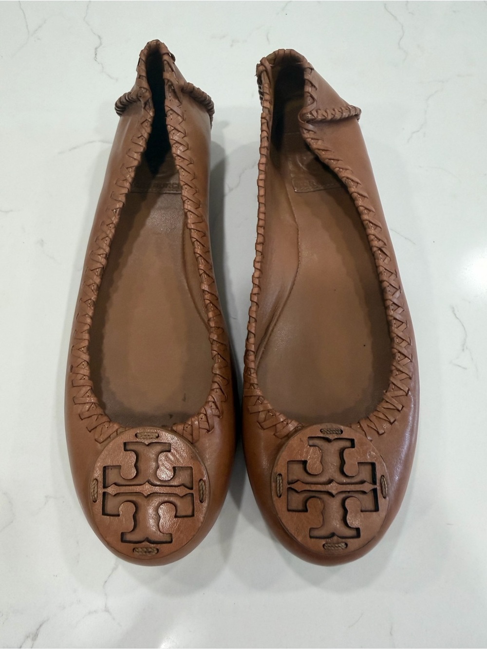 Tory Burch Cognac Leather Logo Ballet Flats